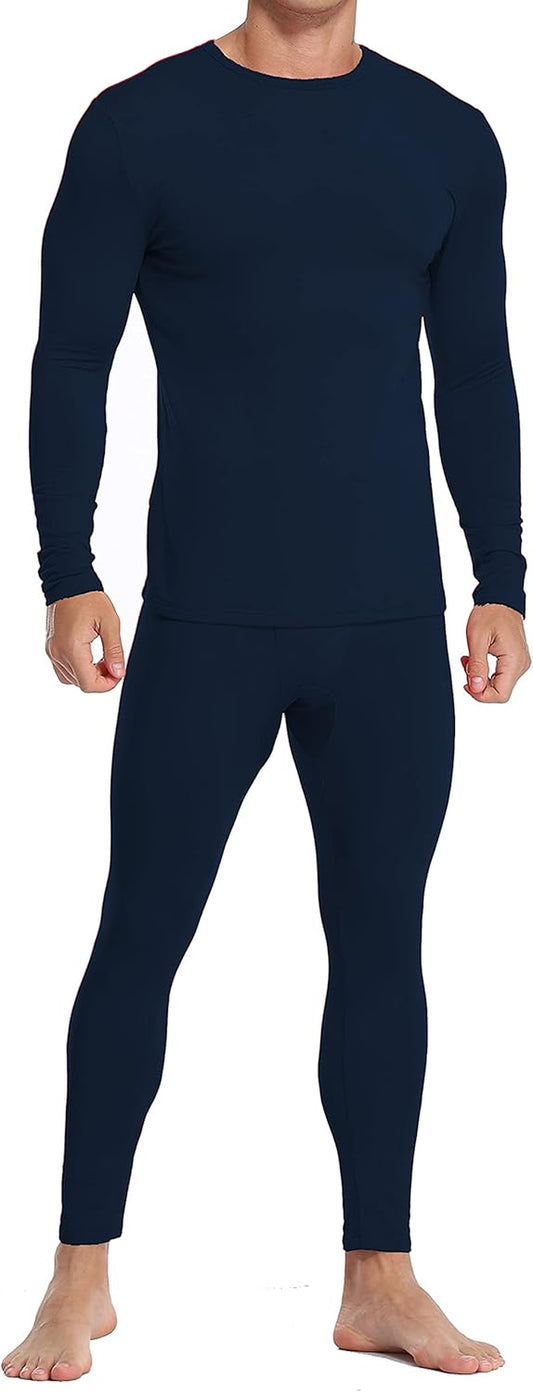 Mens Underwear Soft Thermal Wear for Men, Crew Neck Long Johns Base Layer with Fleece Lined Top & Bottom Set